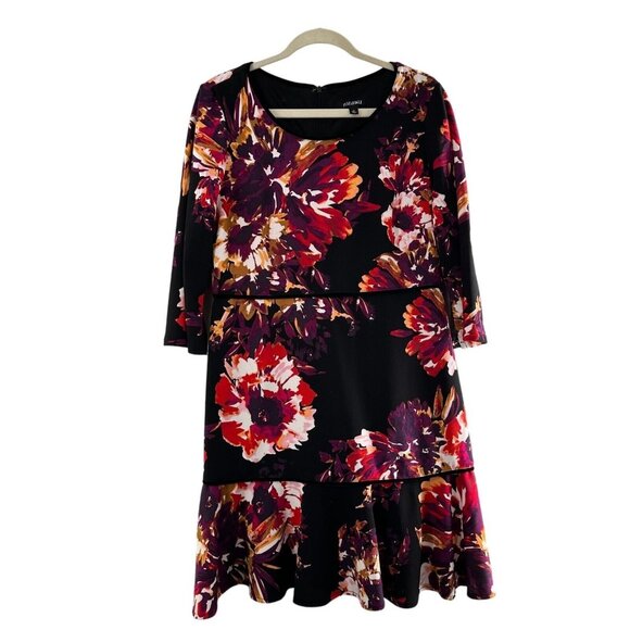 Roz & Ali Size 12 Black Floral Print 3/4 Sleeve Dress Romantic Flounce Ruffle - Picture 1 of 10